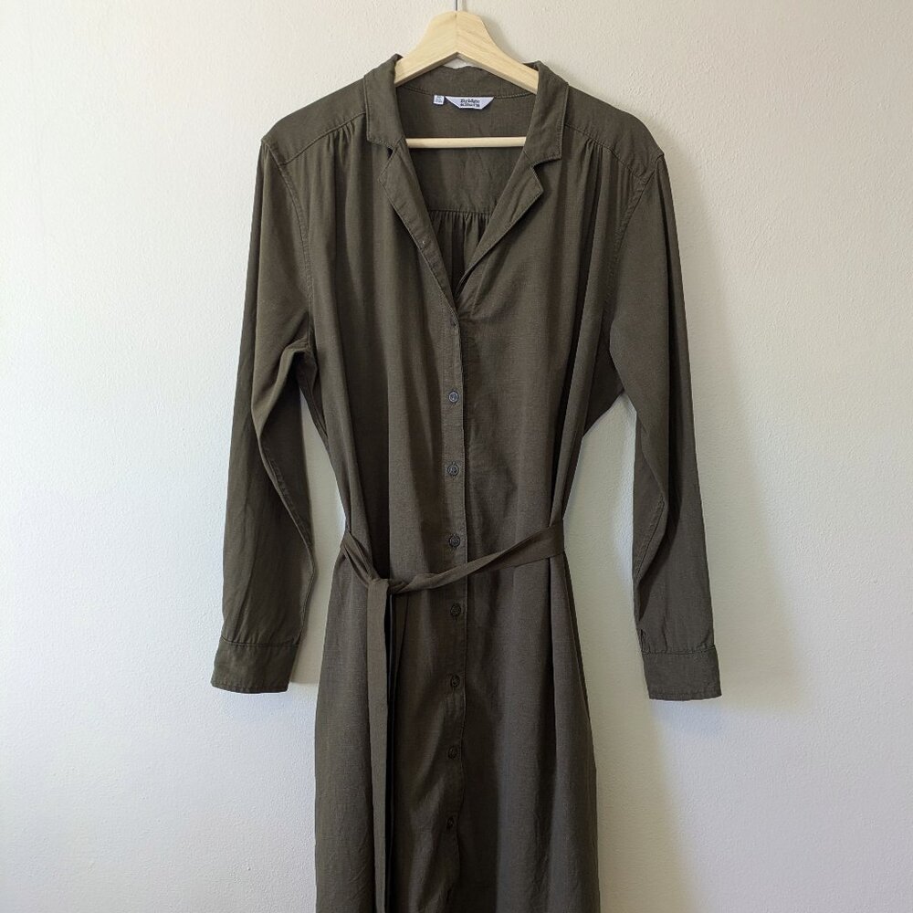 Button-Front Long Sleeve Dress with Tie Belt - Olive